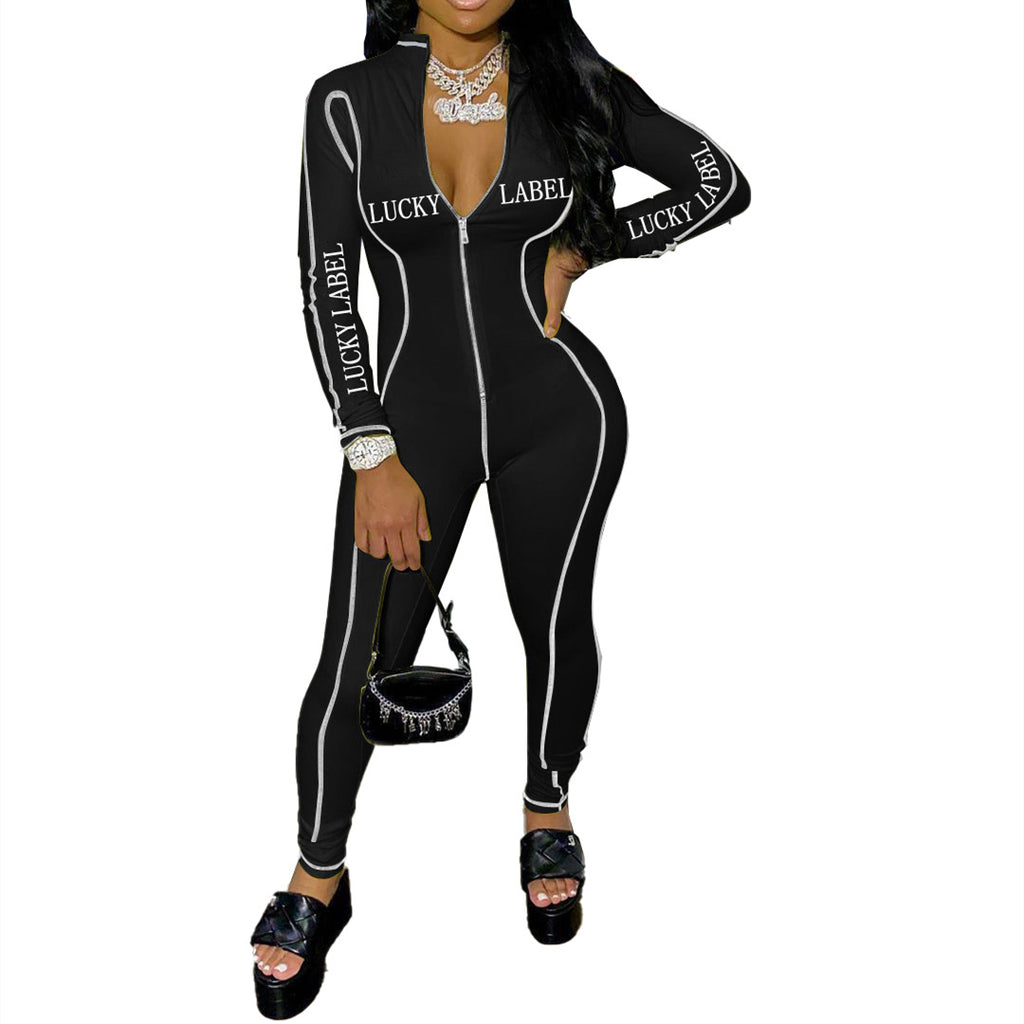 Avrupa ve Amerikan Alfabe Baskılı Seksi Fermuarlı Tulum